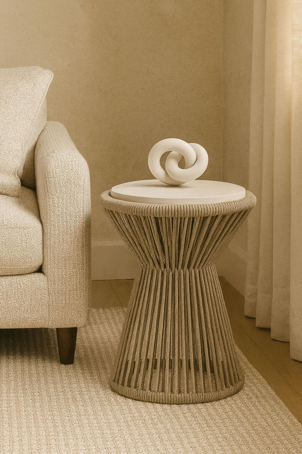 Penau Beige Rope Accent Side Table, Handwrapped Cylindrical Rope Design, Coas...