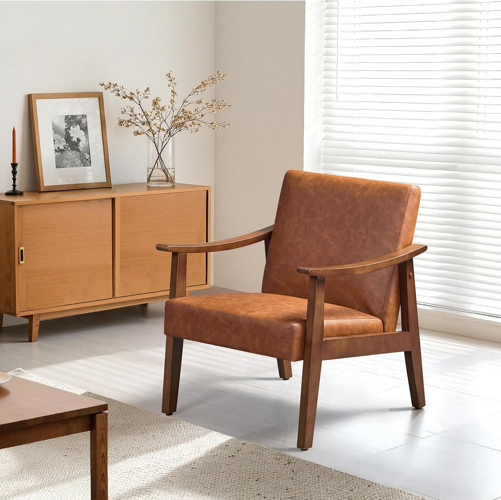 Yaheetech Accent Chairs, Mid-Century Faux Leather Armchairs, Light Brown