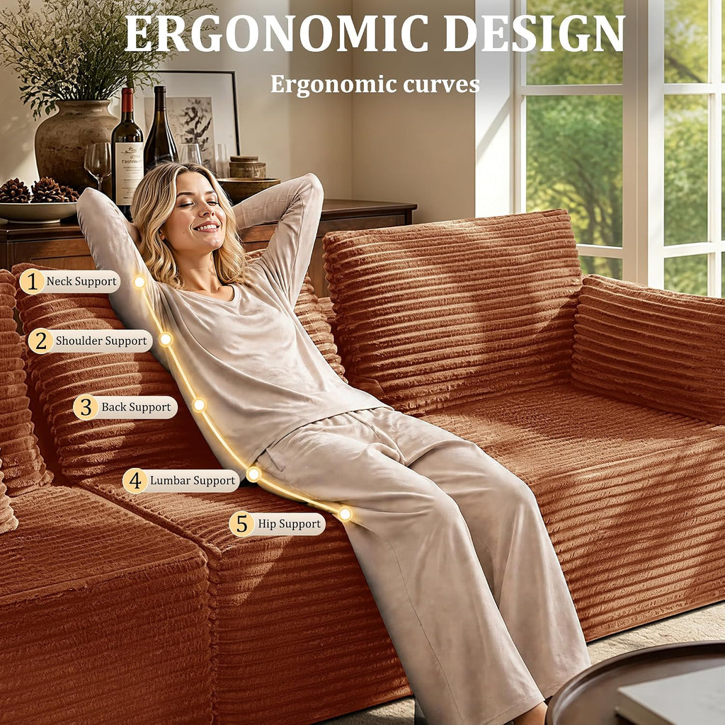 138" Oversized Boneless Couch for Living Room, Modular Sectional Couches L Shaped Cloud Couch with Deep Seat No Assembly Required, (Deep Orange, 3 Seater + Left Facing Chaise)