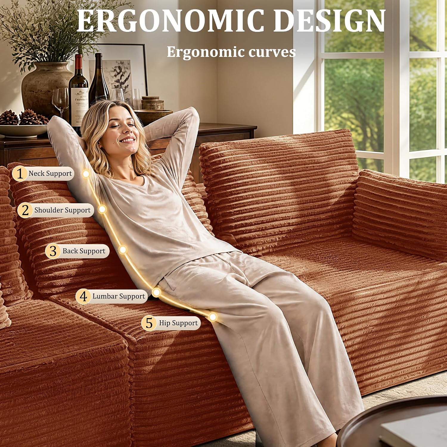 138" Oversized Boneless Couch for Living Room, Modular Sectional Couches L Shaped Cloud Couch with Deep Seat No Assembly Required, (Deep Orange, 3 Seater + Left Facing Chaise)