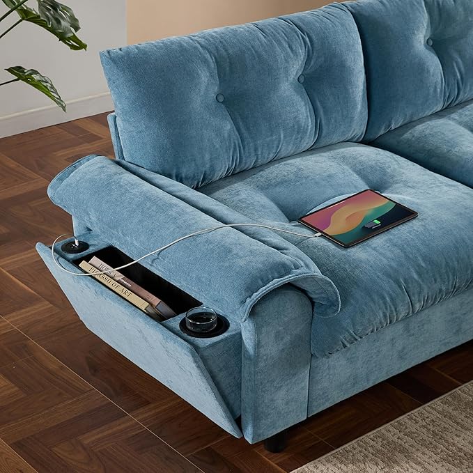Ball & Cast Modular L Shaped Sectional Sofa with Movable Storage Ottoman and Dual-Port Charging,4 Seater Comfy Cloud Couch W/Side Storage Pockets & Cup Holder,for Living Room,Apartment,Light Blue,104"