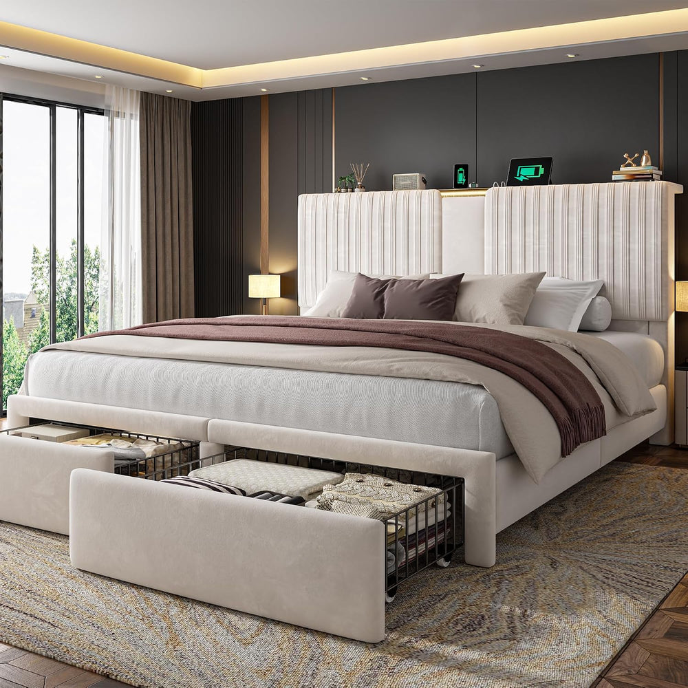 Homkdom King Bed Frame,51.3" Tall Velvet Storage Headboard,2 Drawers,Beige