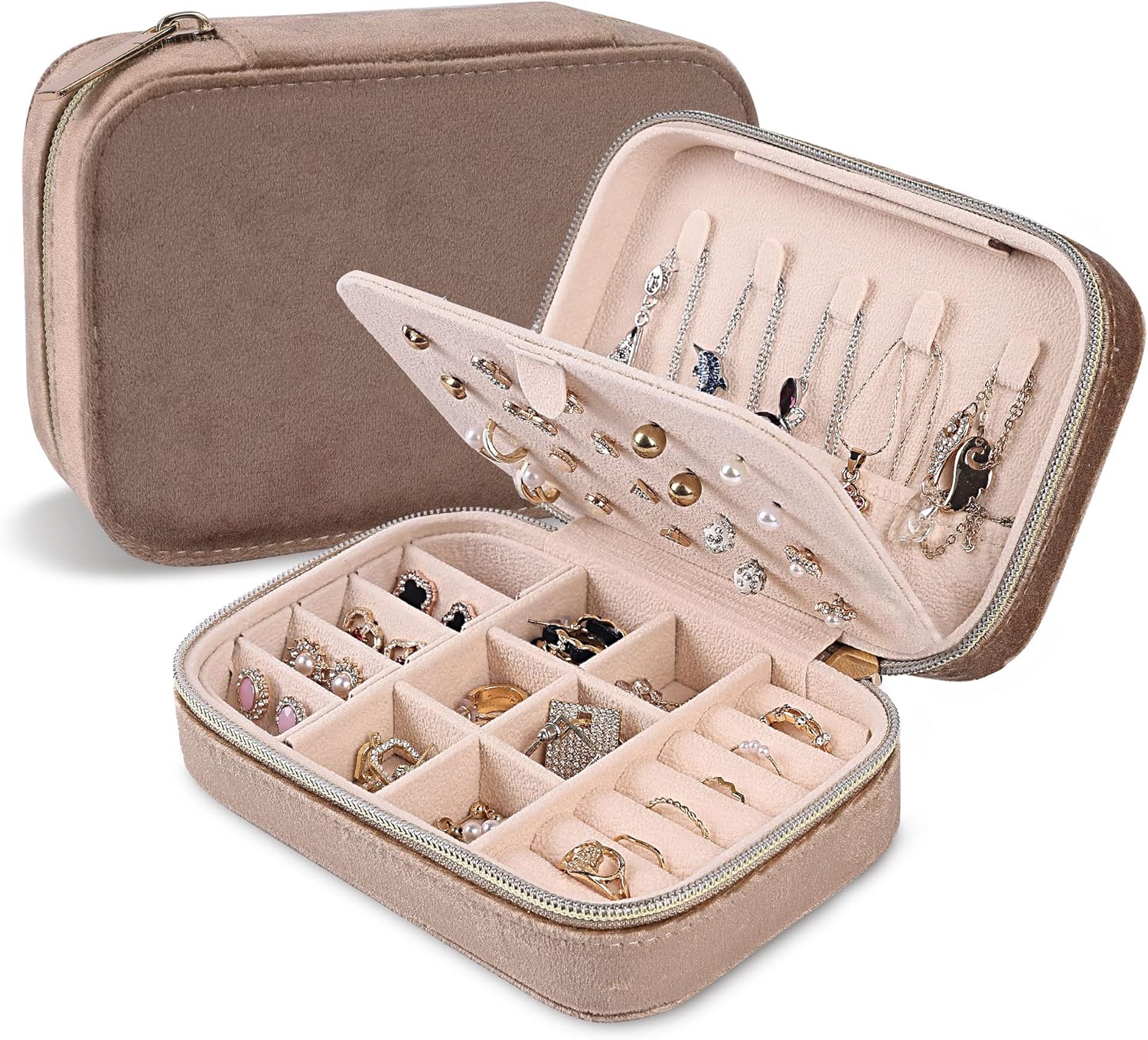 Dajasan Velvet Travel Jewelry Case, Mini Portable Travel Jewelry Organizer Boxes, Jewelry Gift Box for Birthday Mother's Day Valentine's Day Christmas (Khaki)