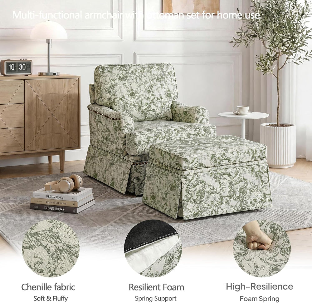 Swivel Accent Chair with Ottoman, Rococo Green