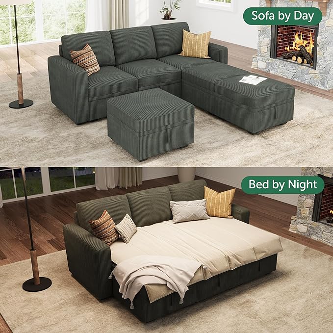 HONBAY Modular Sectional Sleeper Sofa Bed, Pull Out Couch with Storage Ottoman, U Shaped Sectional Couches for Living Room, Green