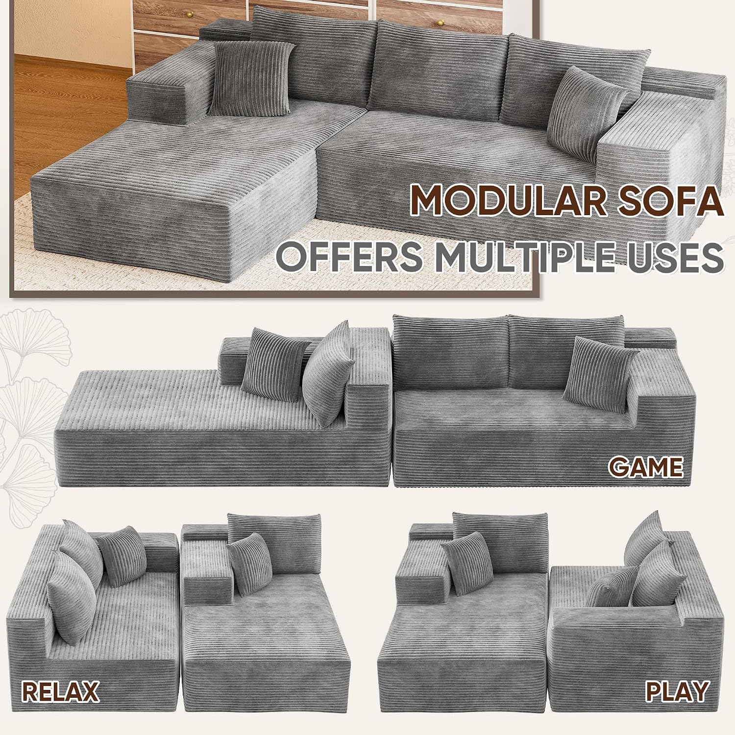 108” Cloud Sectional Couches, Boneless Couch Modular L-Shaped Sofa with Deep Seat, Modern Comfort Upholstered Sofas for Living Room, No Assembly Required (Corduroy, Grey)