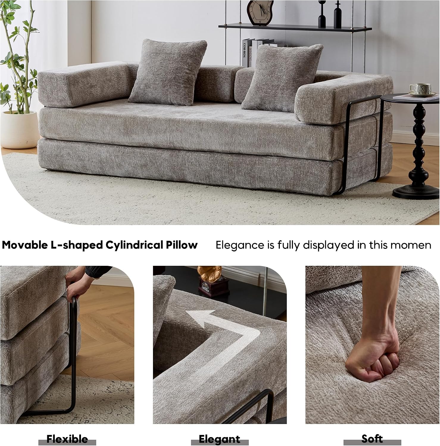 ZEIINPA Convertible Floor Sofa Bed with Fixed-Shape Frame, Modular Chenille Folding Mattress Couch with Armrest, Floor Sofa Lounge Couch for Living Room Bedroom Lounge Studio,Light Gray