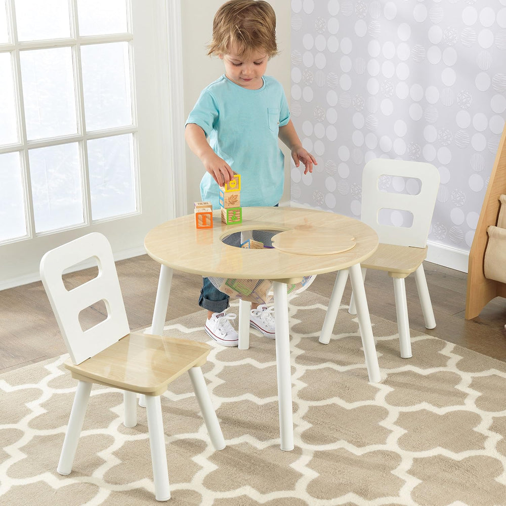 KidKraft Wooden Round Table & 2 Chair Set with Center Mesh Storage - Natu...