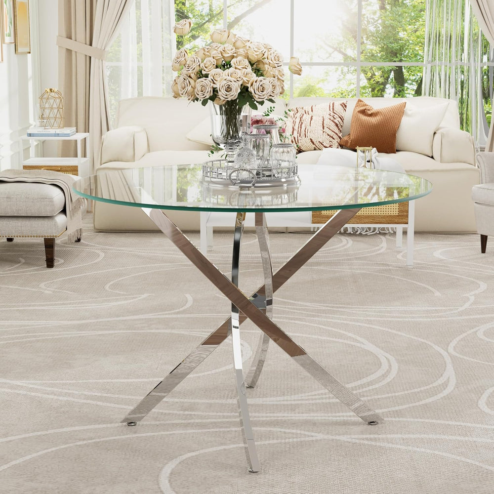 36-Inch Round Tempered Glass Dining Table for 2-4 Person Space-Saving Small K...
