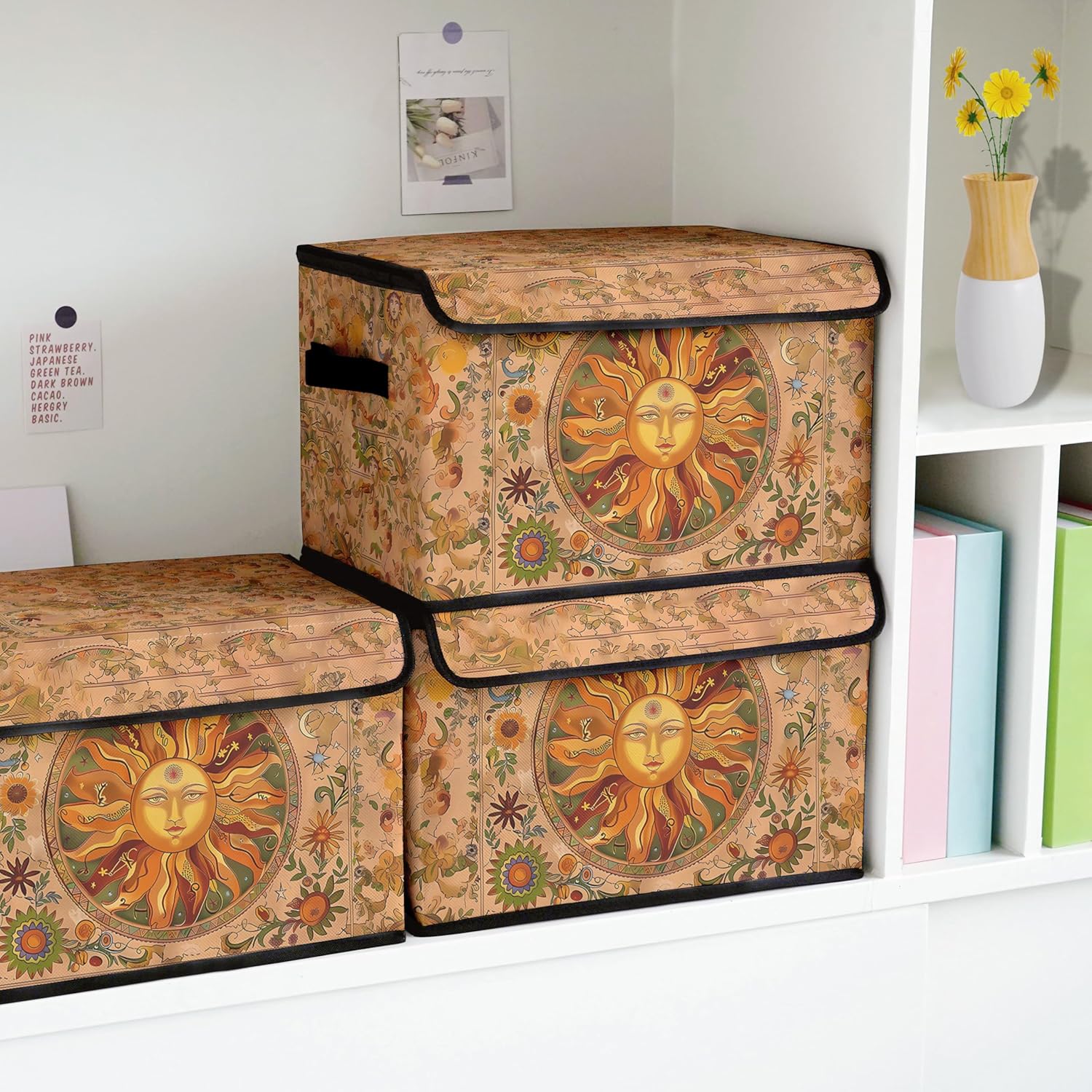 Stackable Clothes Storage Bins with Lids,Closet Organizers Fabric Box for Home and Office,Blanket Clothes Organizers,Under Bed Storage Containers 3 Pack(Sun).
