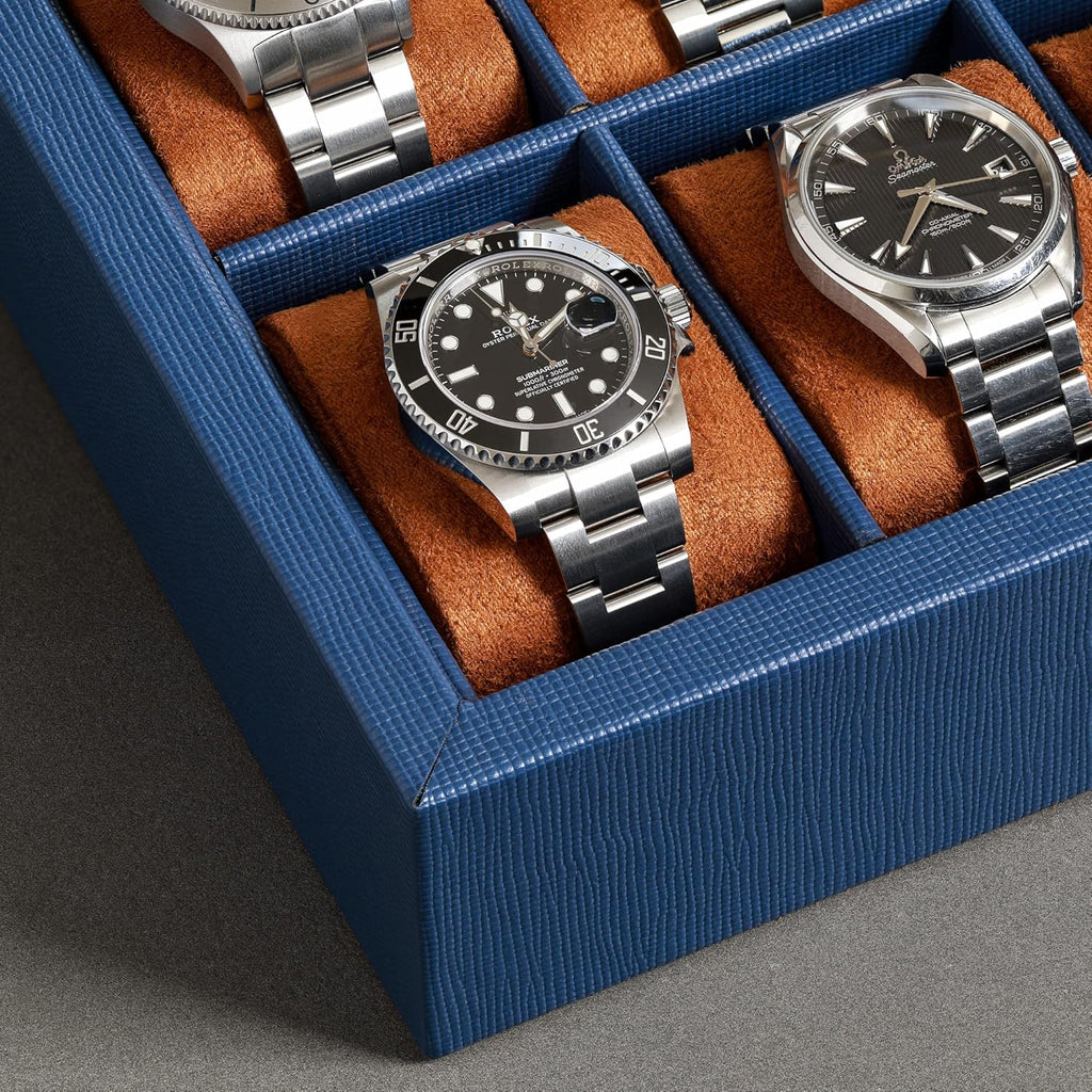 ROTHWELL 10 Slot Leather Watch Box - Luxury Case Display Jewelry Organizer - Locking Watch Display Case Holder with Large Glass Top - Box Organizer for Men and Women (Blue/Tan)