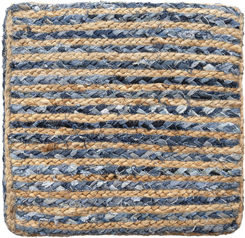 LR Home Indoor Ottoman Pouf for Home décor | Farmhouse Striped Pouffe for Living Room, Bedroom, Lounge, Nursery, Kidsroom | 18" x 18" x 18", Denim/Beige
