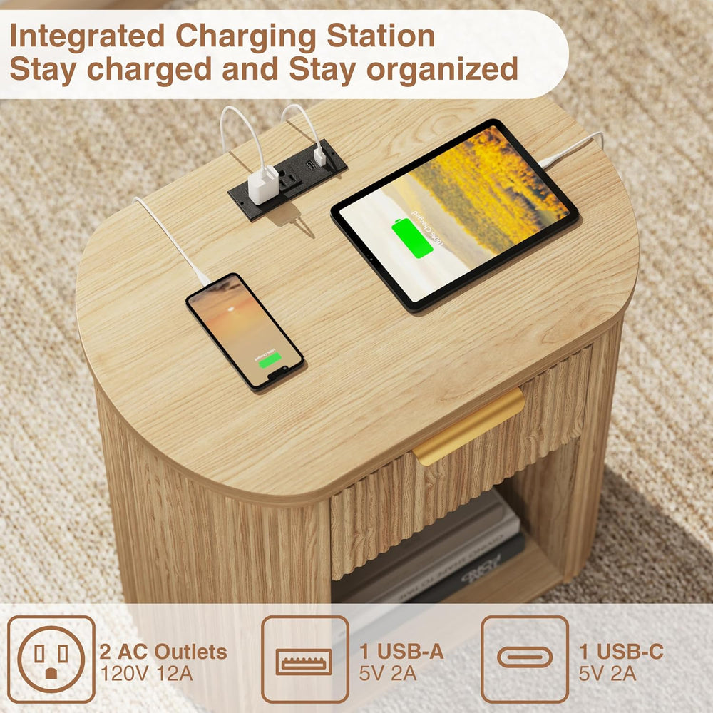 Fluted Nightstand with Charging Station 23.6" Large Round Bedside Table Oak
