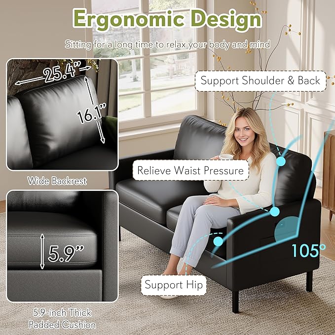 STHOUYN 56" W Faux Leather Loveseat w/ 2 USB, Black Love Seat w/Side Pockets, Small Loveseat for Small Space, Leather Couch for Bedroom, Apartment, Dorm, Black