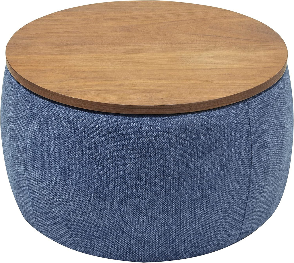 Modern Round Storage Ottoman with Wooden Top,Handmade Luxury Pleated Circle Fabric Storage Ottoman Coffee Table,End Table & Footstool for Living Room（Navy Blue）