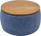 Modern Round Storage Ottoman with Wooden Top,Handmade Luxury Pleated Circle Fabric Storage Ottoman Coffee Table,End Table & Footstool for Living Room（Navy Blue）