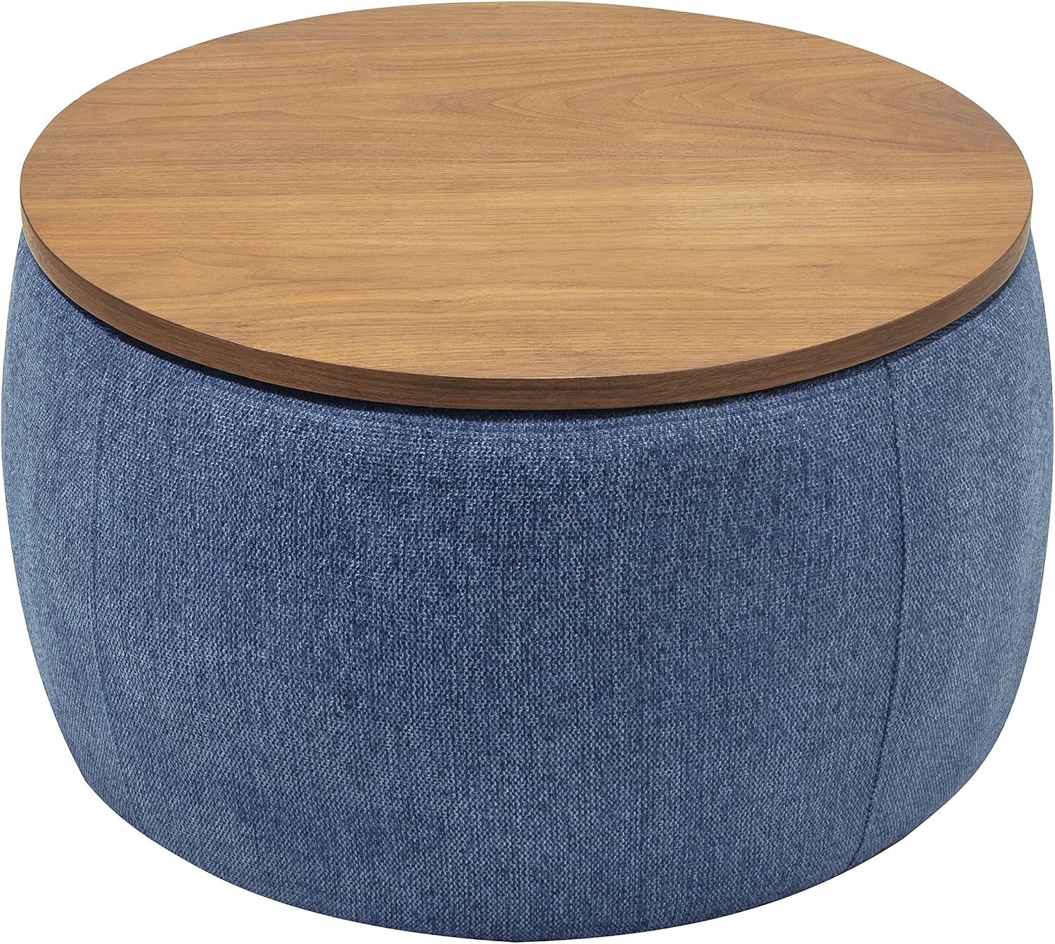 Modern Round Storage Ottoman with Wooden Top,Handmade Luxury Pleated Circle Fabric Storage Ottoman Coffee Table,End Table & Footstool for Living Room（Navy Blue）