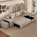 Ball & Cast 104" L-Shape Sectional Sofa with Storage Chaise and 2 Stools,Pull-Out Bed,3-Seat Chenille Reversible Couch w/Storage Armrest,for Living Room,Apartment,Cream