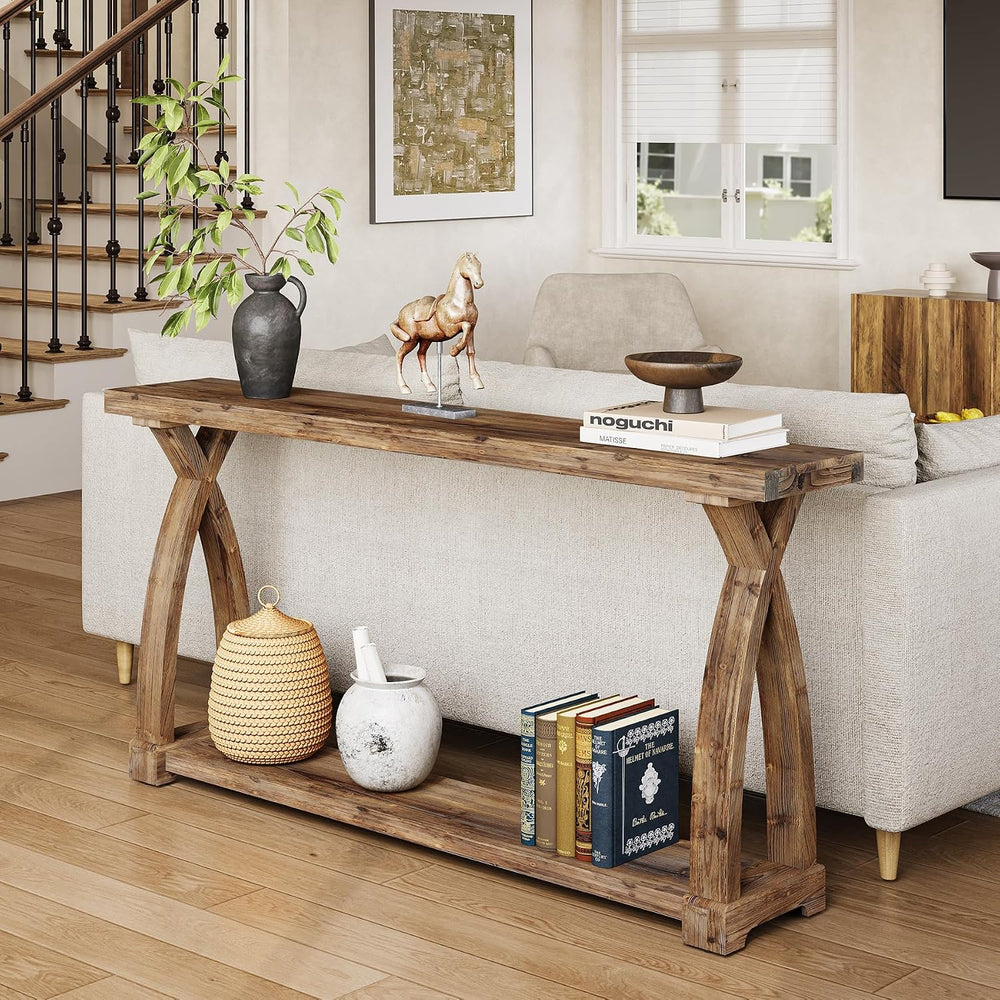 Solid Wood Console Table for Entryway, 63-Inch Narrow Farmhouse Couch Table B...