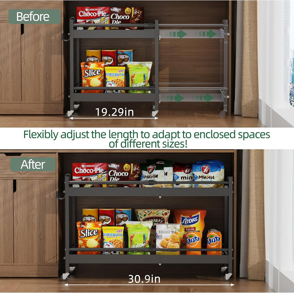 3 Tier Expandable Rolling Cart with wheels, pantry organizers and storage | kitchen Storage Cart for cans,food,snack and appliances，Adjustable shelf board height，Black,12.59"D×19.29-30.9"W×29.05"H