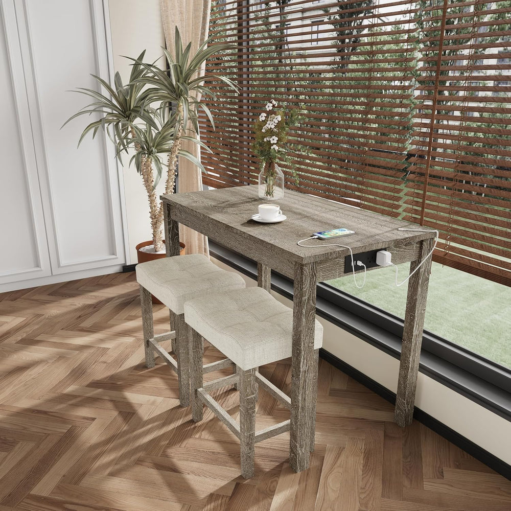 allamazing 3-Piece Counter Height Bar Table Set with Socket and 2 Fabric Padd...