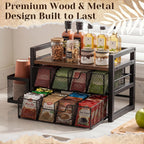 2 Tier Large Tea Bag Organizer with 16 Compartments, Side Cup Holder, Wood and Metal Coffee Bar Storage Station with Pull out Drawers and Top Tray for Countertop Kitchen Office, Rustic Brown