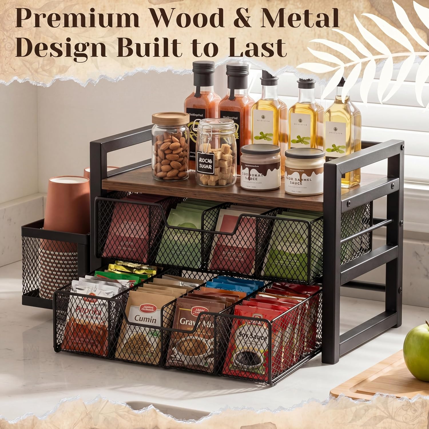 2 Tier Large Tea Bag Organizer with 16 Compartments, Side Cup Holder, Wood and Metal Coffee Bar Storage Station with Pull out Drawers and Top Tray for Countertop Kitchen Office, Rustic Brown