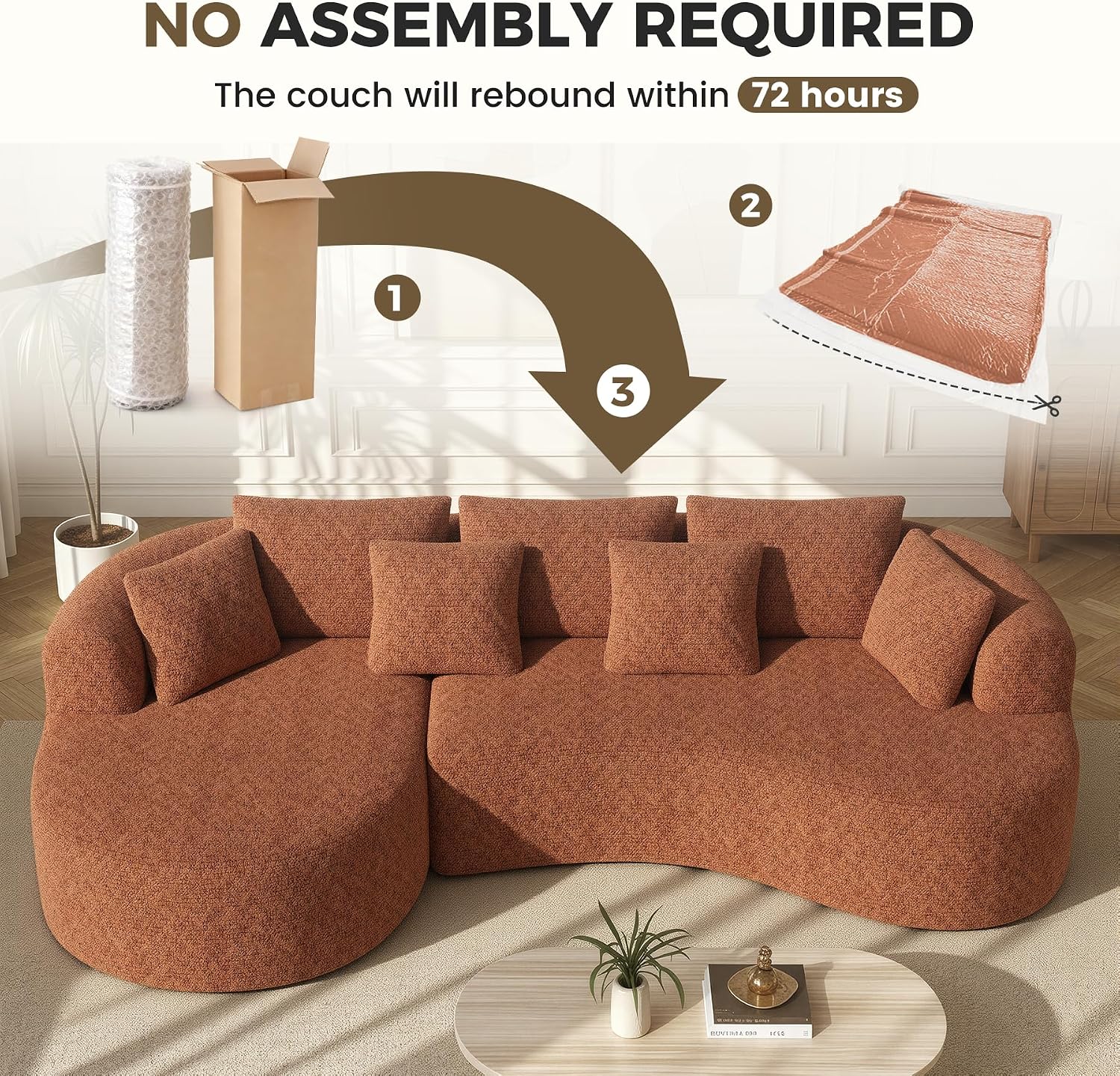 126" Oversized Curved Sectional Sofa for Living Room, Boneless Modern Couch with Chaise, Cloud Couch with 7 Pillows, No Assembly, Caramel 1PCS