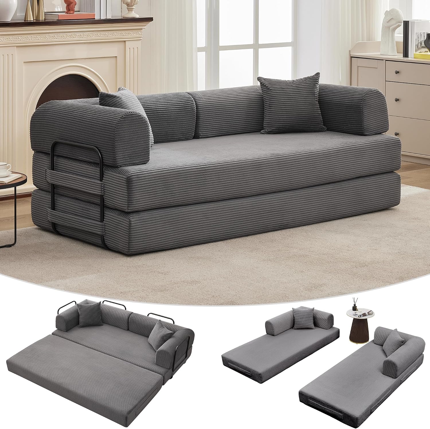 IDEALHOUSE 79" Convertible Futon Sofa Bed, Boneless Couch for Living Room | Folding Corduroy Sleeper Sofa, Modular Pull Out Couch with Pillows, Loveseat,No Assembly | Gray