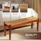 Vintage Entryway Bench, 47 inch Acacia Wood Bench with Woven Seagrass Seat, Entryway Bench, Wicker Bench Indoor for Hallway, End of Bed, Rustic Farmhouse Boho Style, Indoor Decorative Bench (Brown)