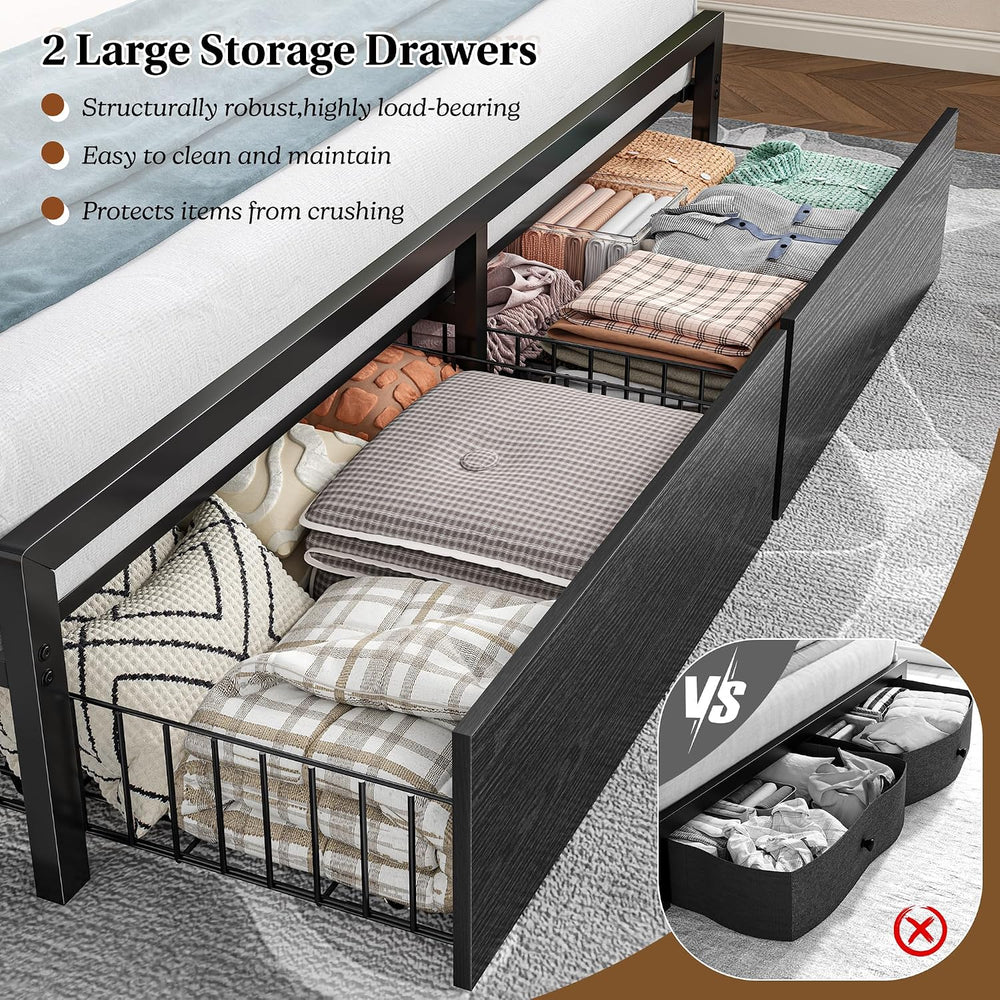 Homkdom Queen Bed Frame with 3-Tier Storage Headboard and 2 Drawers