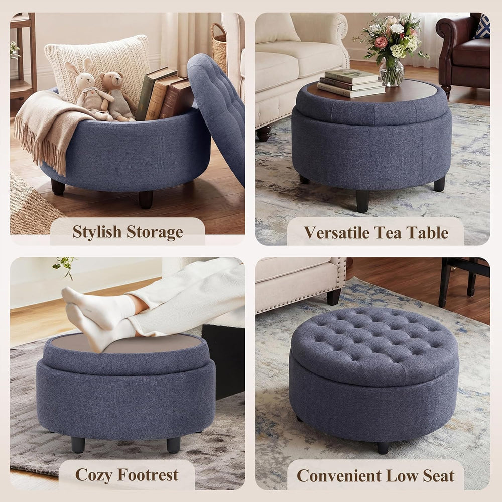 COLAMY Fabric Round Storage Ottoman with Reversible Tray Lid – Multi-Function...