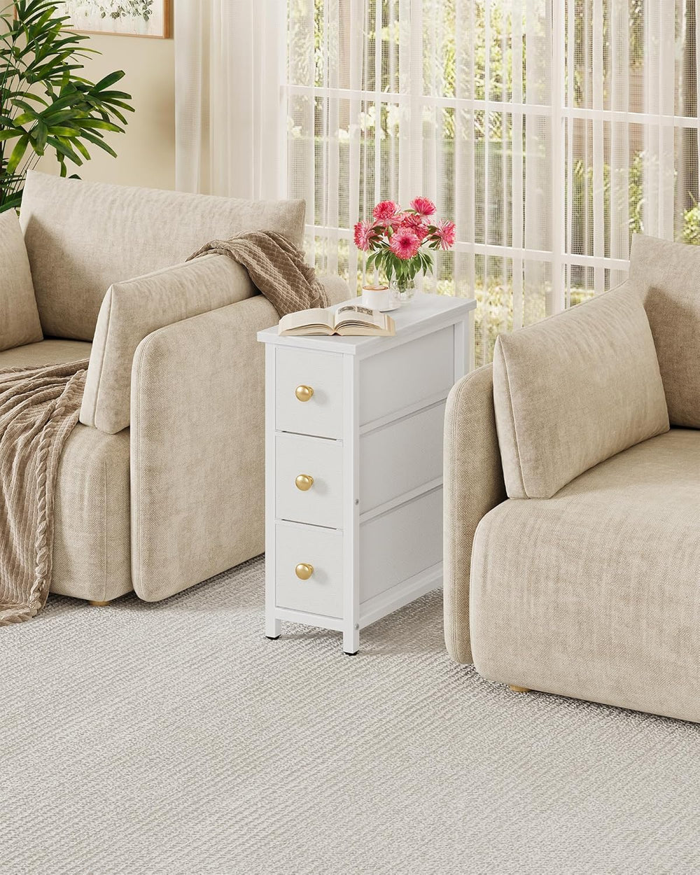 CHOEZON Narrow Side Table with 3 Fabric Drawers, Industrial Slim Bedside Tabl...