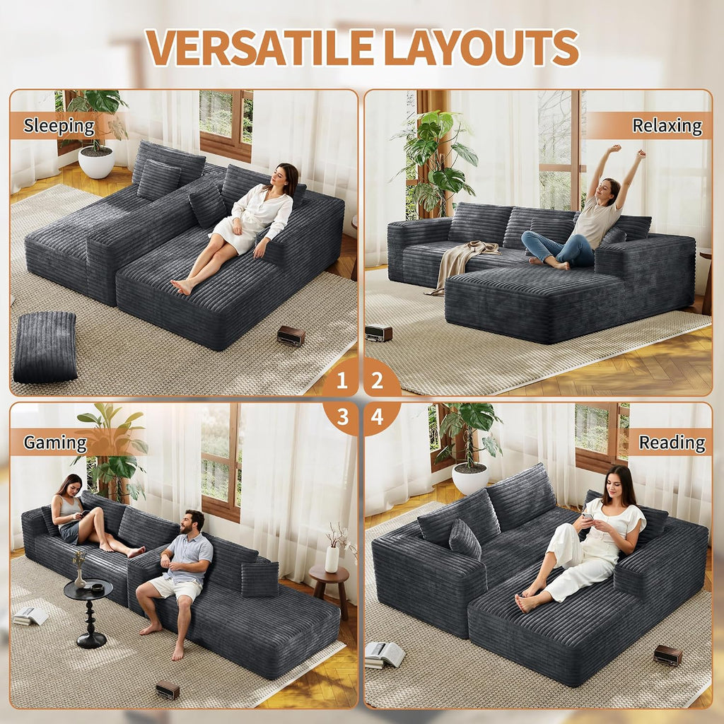 Boneless Sectional Couch for Living Room, Modular Sectional Sofa | 107" Modern L Shaped Could Couch Deep Seat Corduroy Floor Sofa, No Assembly Required, (Grey,107" L-shaped Right)