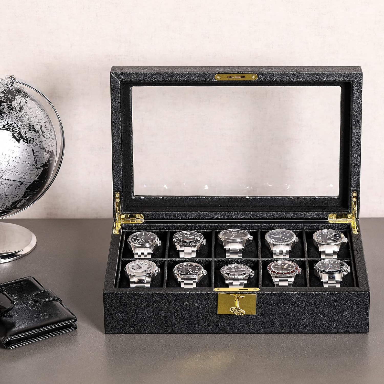 ROTHWELL 10 Slot Leather Watch Box - Luxury Case Display Jewelry Organizer - Locking Watch Display Case Holder with Large Glass Top - Box Organizer for Men and Women (Black/Black)