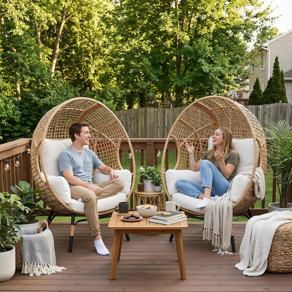2 pcs Oversized Wicker Egg Chair Outdoor Indoor - Rattan Patio Egg Lounge Cha...