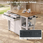 Kitchen Island with Storage Drawers & Charging Station & Drop Leaf | Rolling Kitchen Island Table on Wheels, Mobile Island Cart with Pull-Out Shelf, Spice Rack, for Dining Room (White)