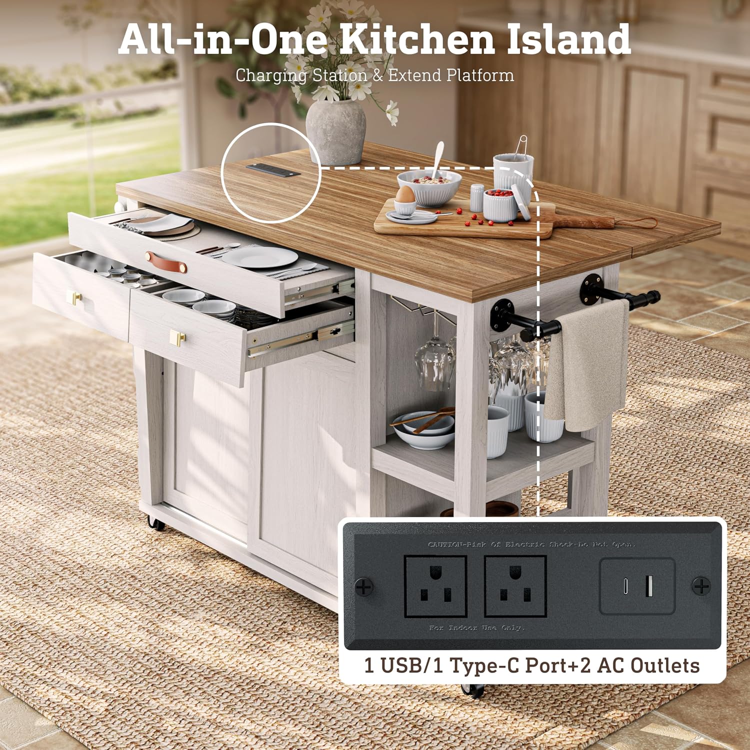 Kitchen Island with Storage Drawers & Charging Station & Drop Leaf | Rolling Kitchen Island Table on Wheels, Mobile Island Cart with Pull-Out Shelf, Spice Rack, for Dining Room (White)