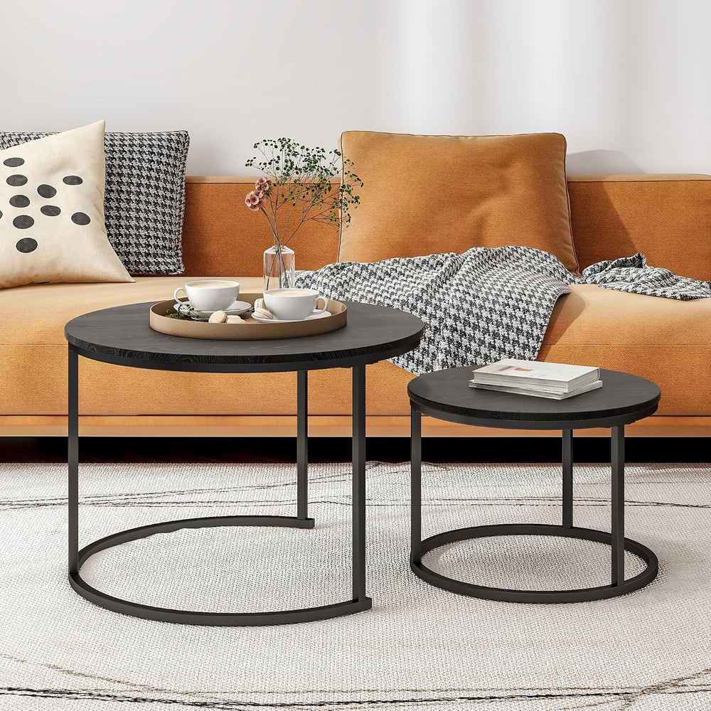 HOJINLINERO Round Nesting Coffee Table Set of 2,Wood Cocktail Table,Black | C...