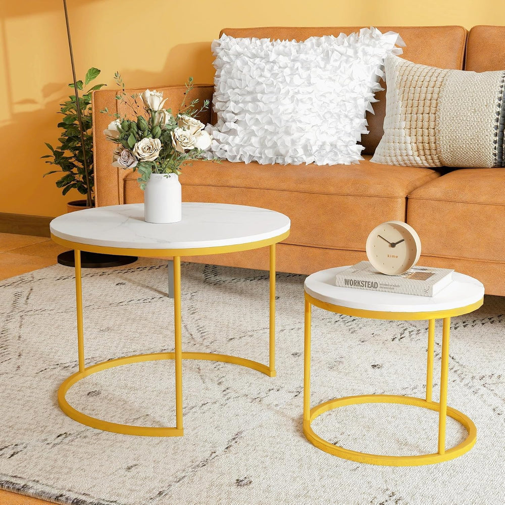 Round Nesting Coffee Tables Set: White Gold Marble Nesting Coffee Table Set o...