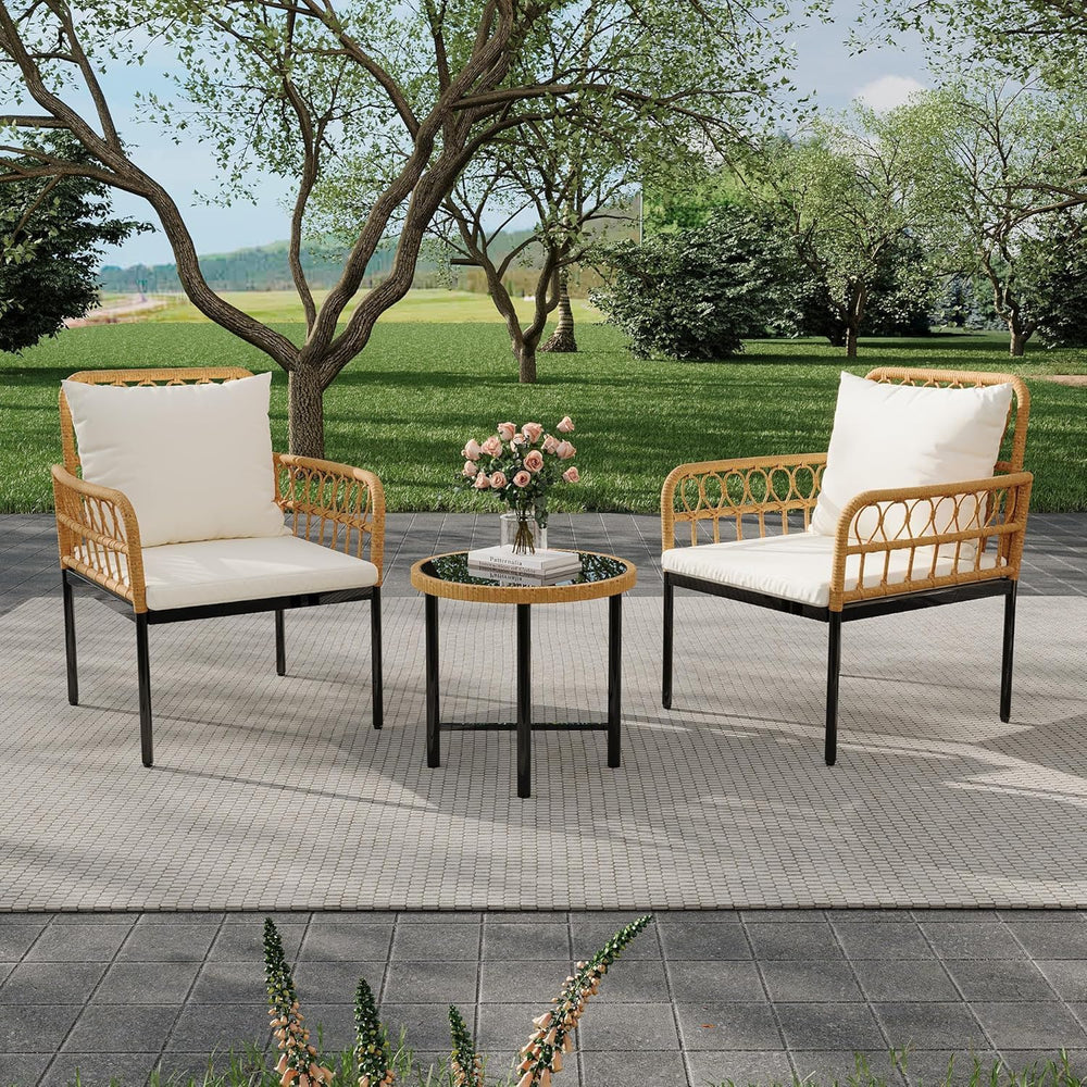 3-Piece All-Weather Wicker Rattan Bistro Patio Furniture Set with Glass Table...