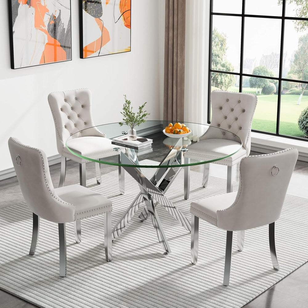 Round Glass Dining Table Set for 4, Small Kitchen Table Set for 4, 47" R...