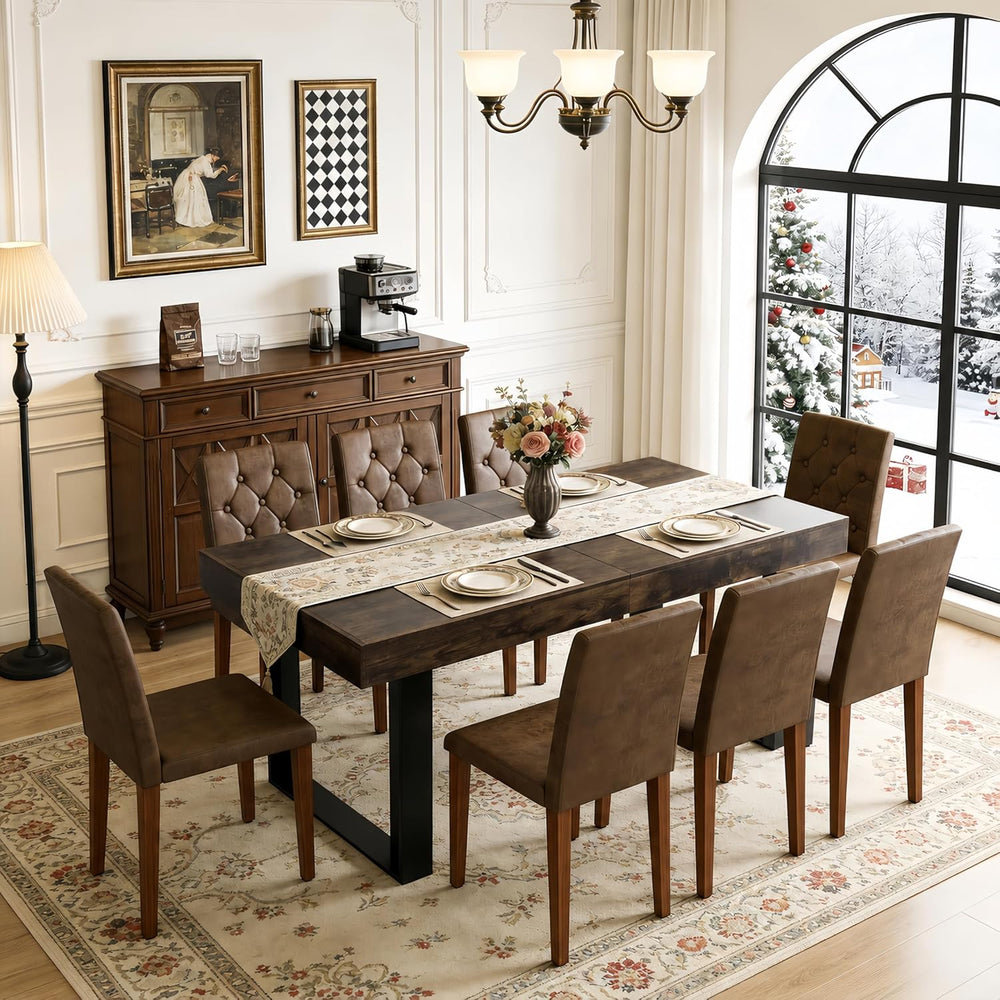 63"-79" Expandable Dining Table Set for 8, Wood Rectangle Dining Ta...