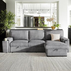 96.1 Inch L-Shaped Convertible Sectional Sleeper Sofa with Pull Out Bed, Storage Bags and 2 Hidden Cup Holders on Arms, Upholstered Corner Couch for Living Room Office Apartment, Gray