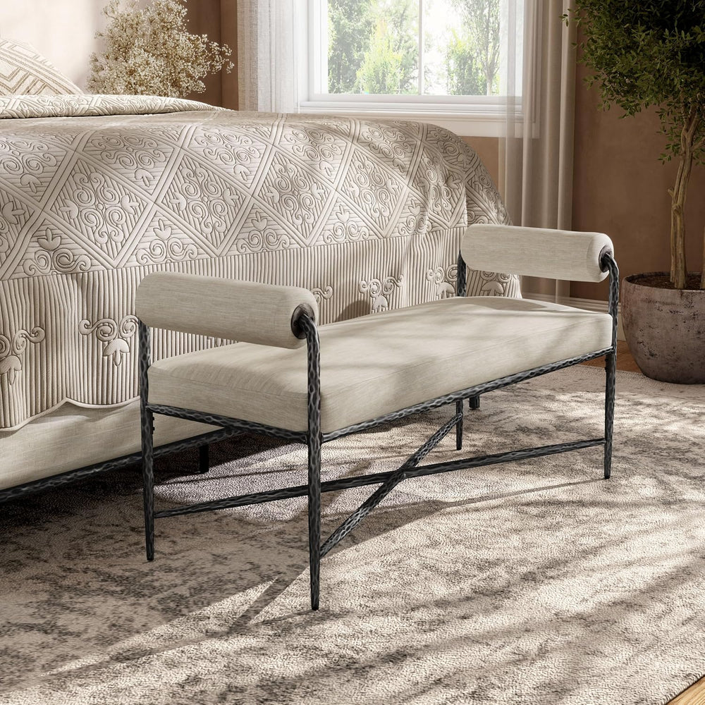 24/7 Shop at Home Lalia Upholstered 48-inch Metal Bench with Padded Roll Arms...