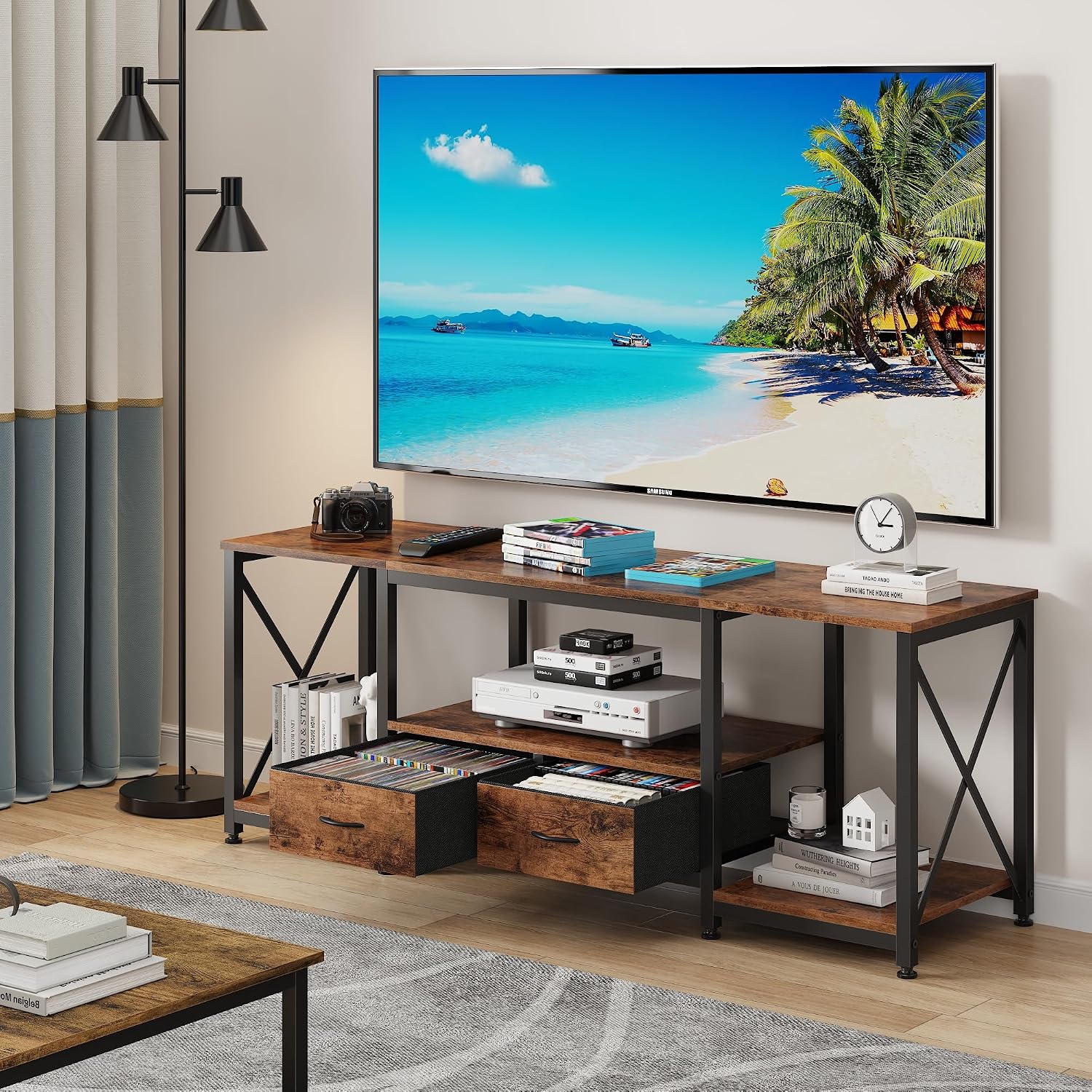 GYIIYUO TV Stand with Fabric Drawer - Entertainment Center and Industrial TV Console Table with Open Storage Shelves for Living Room, Bedroom - 55.1" Rustic Brown