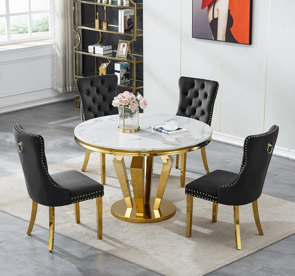 Henf Luxury Round Dining Table for 4-6 White Gold 45" Faux Marble Kitche...