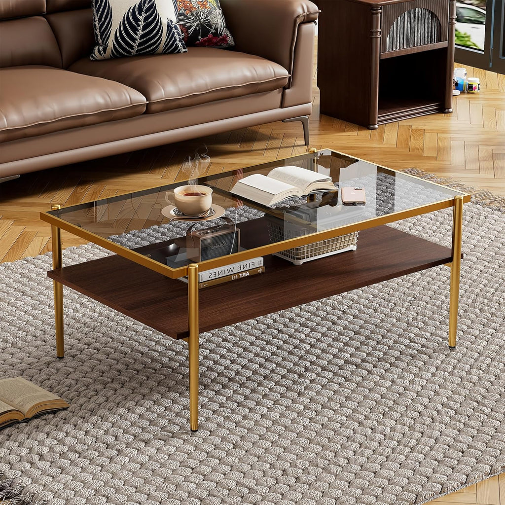 IANIYA Glass Coffee Table Modern Center Table,Small Coffee Table Sofa Side Tea Table for Living Room,Tempered Glass-top with Metal Frame