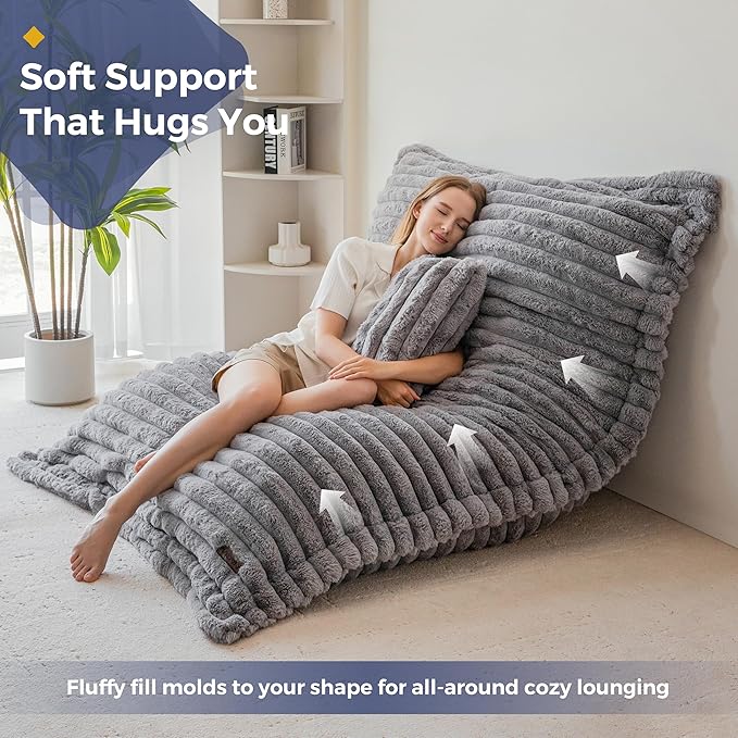 MAXYOYO Giant Bean Bag Chair with Pillow, 3 in 1 Convertible Bean Bag Chair for Adults with Removable Cover, Floor Cushion Stuffed Floor Lounger for Living Room Bedroom, Grey