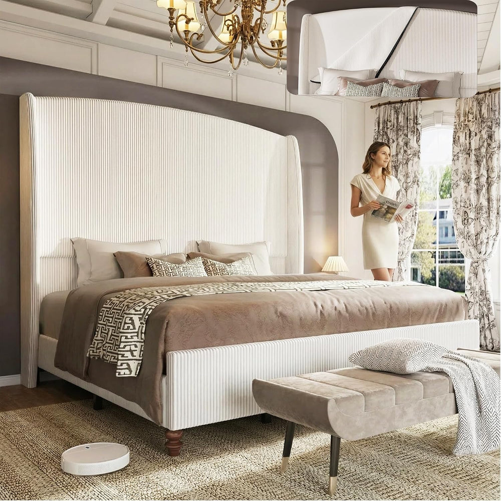 65.7" Tall Headboard Queen Size Upholstered Wingback Bed Frame, Cream